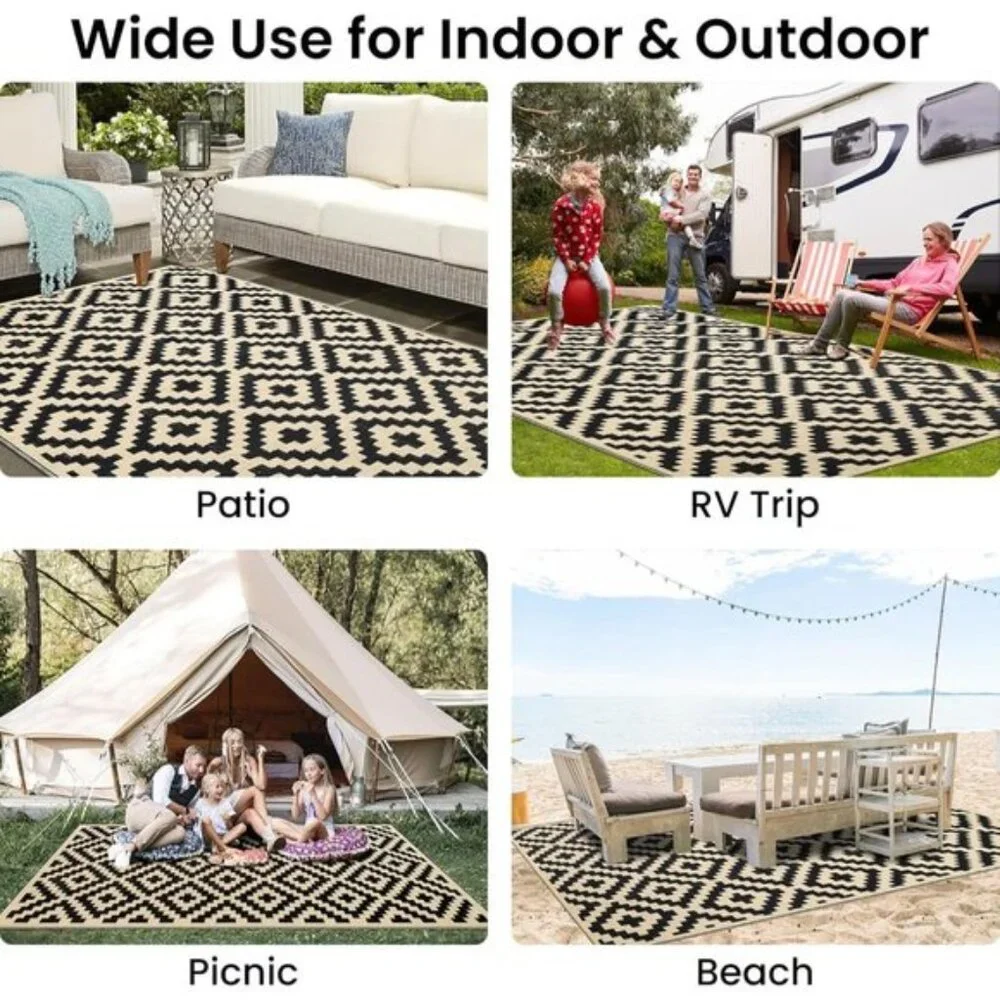 Waterproof 5x8 Outdoor Rug, Reversible Plastic Straw Patio RV Mat, Black/Beige